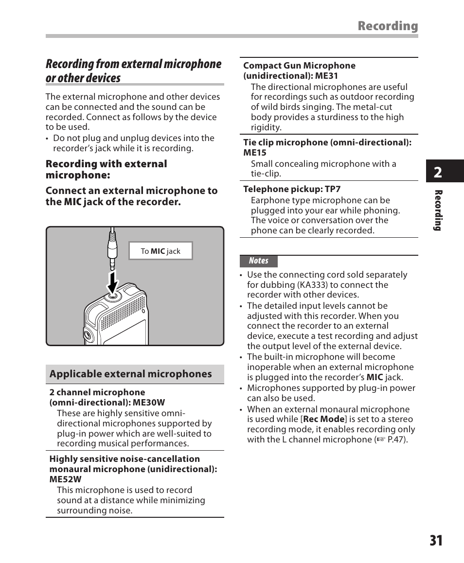 Recording from external microphone or, Other devices, Recording | Olympus DM-550 User Manual | Page 31 / 128