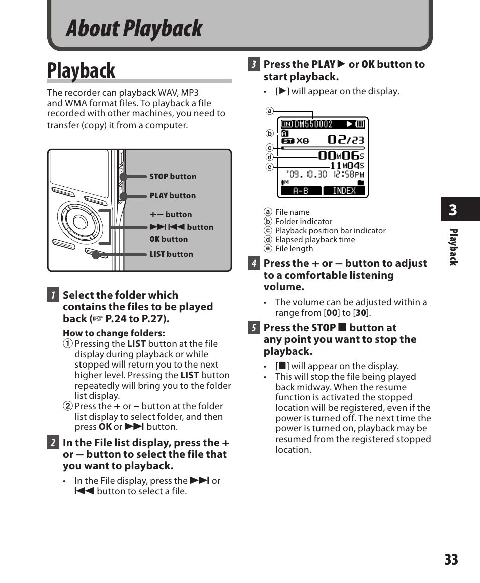 About playback, Playback | Olympus DM-550 User Manual | Page 33 / 128