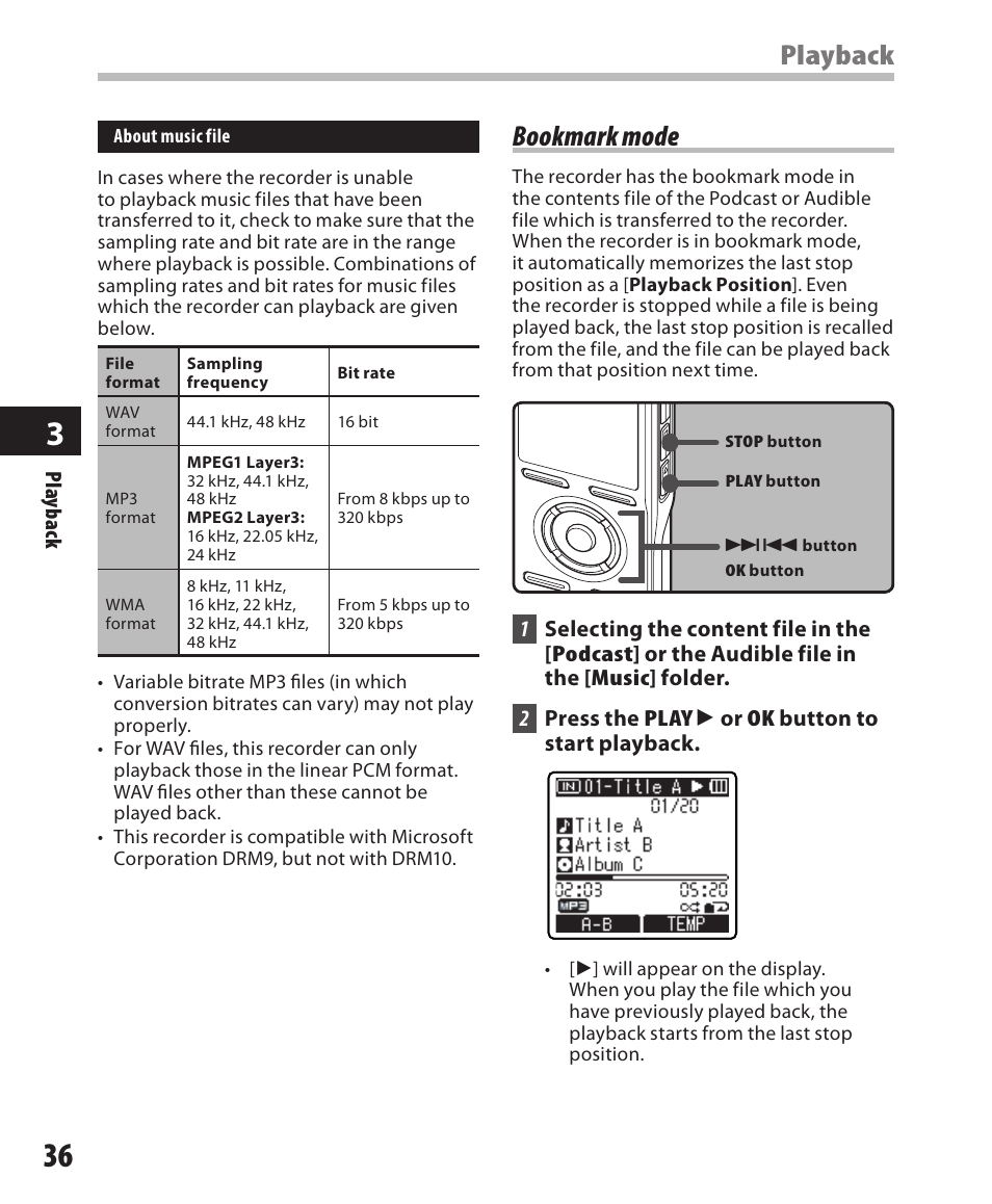 Bookmark mode, Playback | Olympus DM-550 User Manual | Page 36 / 128