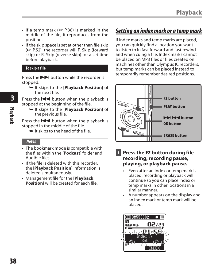 Setting an index mark or a temp mark, Playback | Olympus DM-550 User Manual | Page 38 / 128