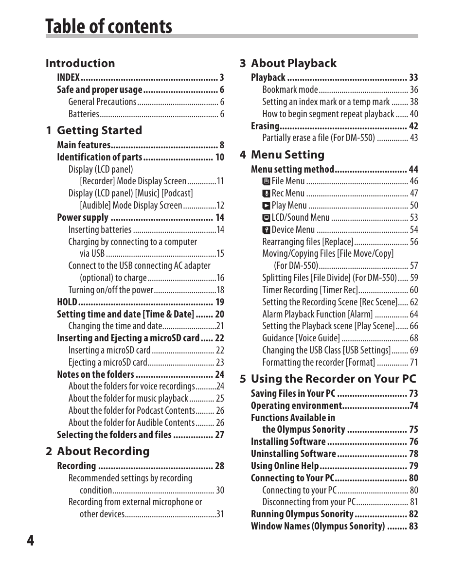 Olympus DM-550 User Manual | Page 4 / 128