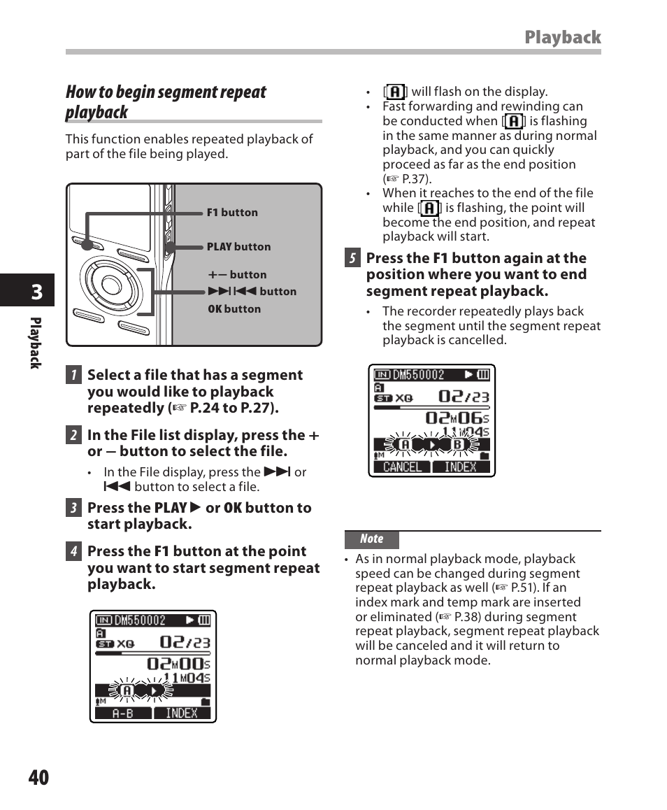 How to begin segment repeat playback, Playback | Olympus DM-550 User Manual | Page 40 / 128