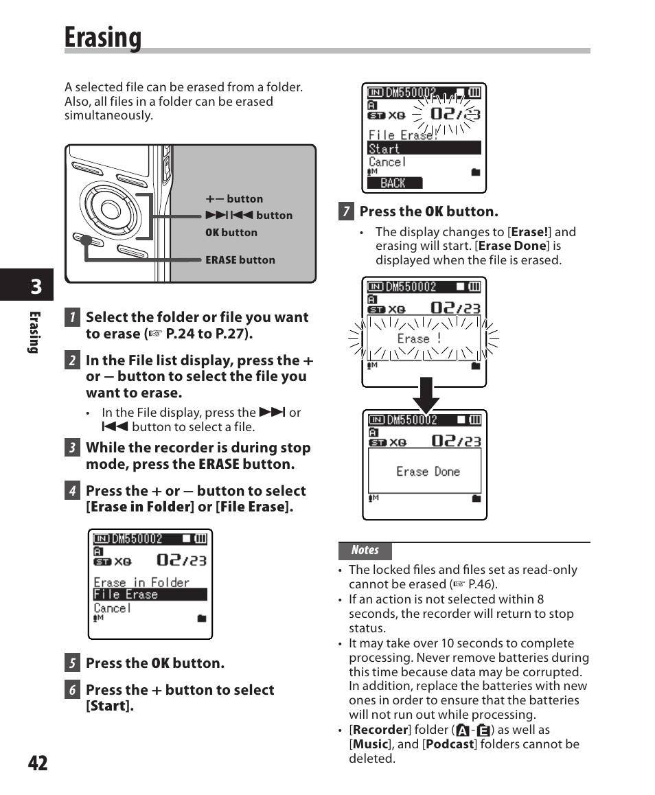 Erasing | Olympus DM-550 User Manual | Page 42 / 128