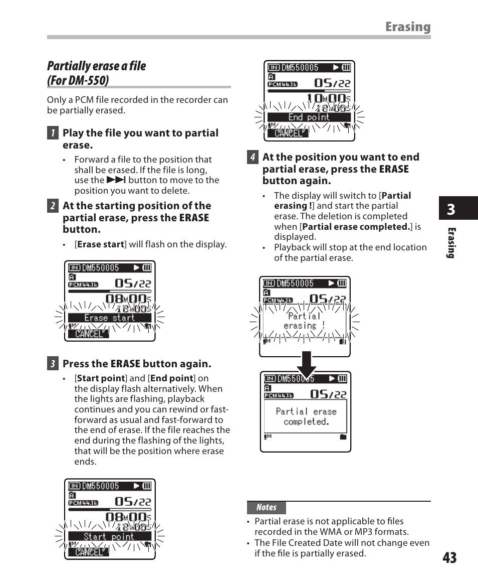 Partially erase a file (for dm-550), Erasing | Olympus DM-550 User Manual | Page 43 / 128