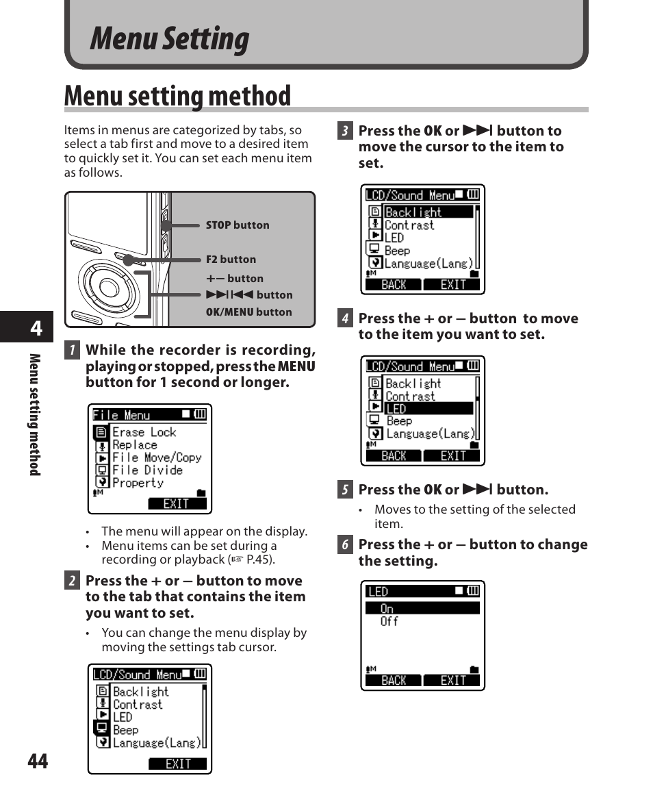Menu setting, Menu setting method | Olympus DM-550 User Manual | Page 44 / 128