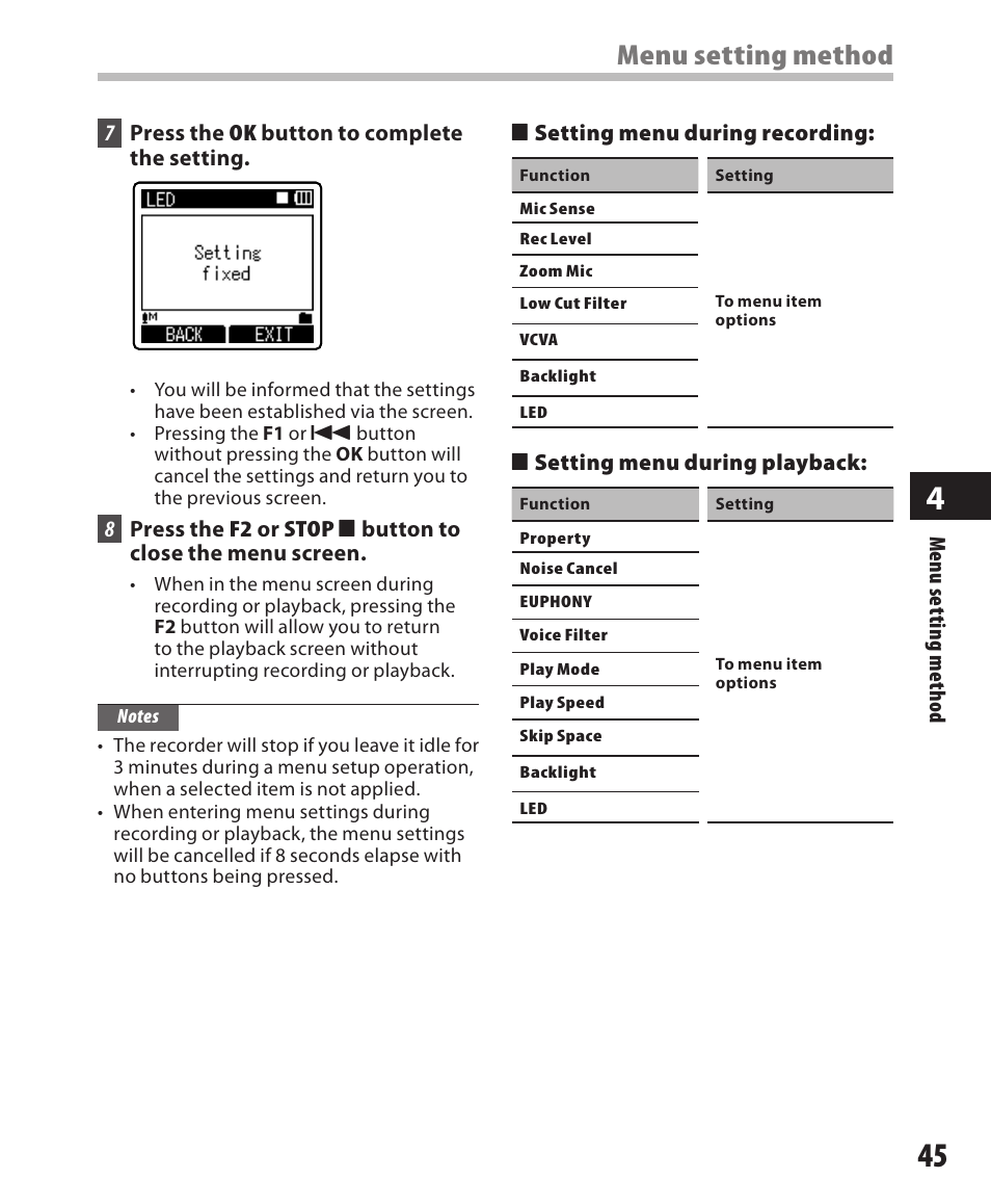 Menu setting method | Olympus DM-550 User Manual | Page 45 / 128