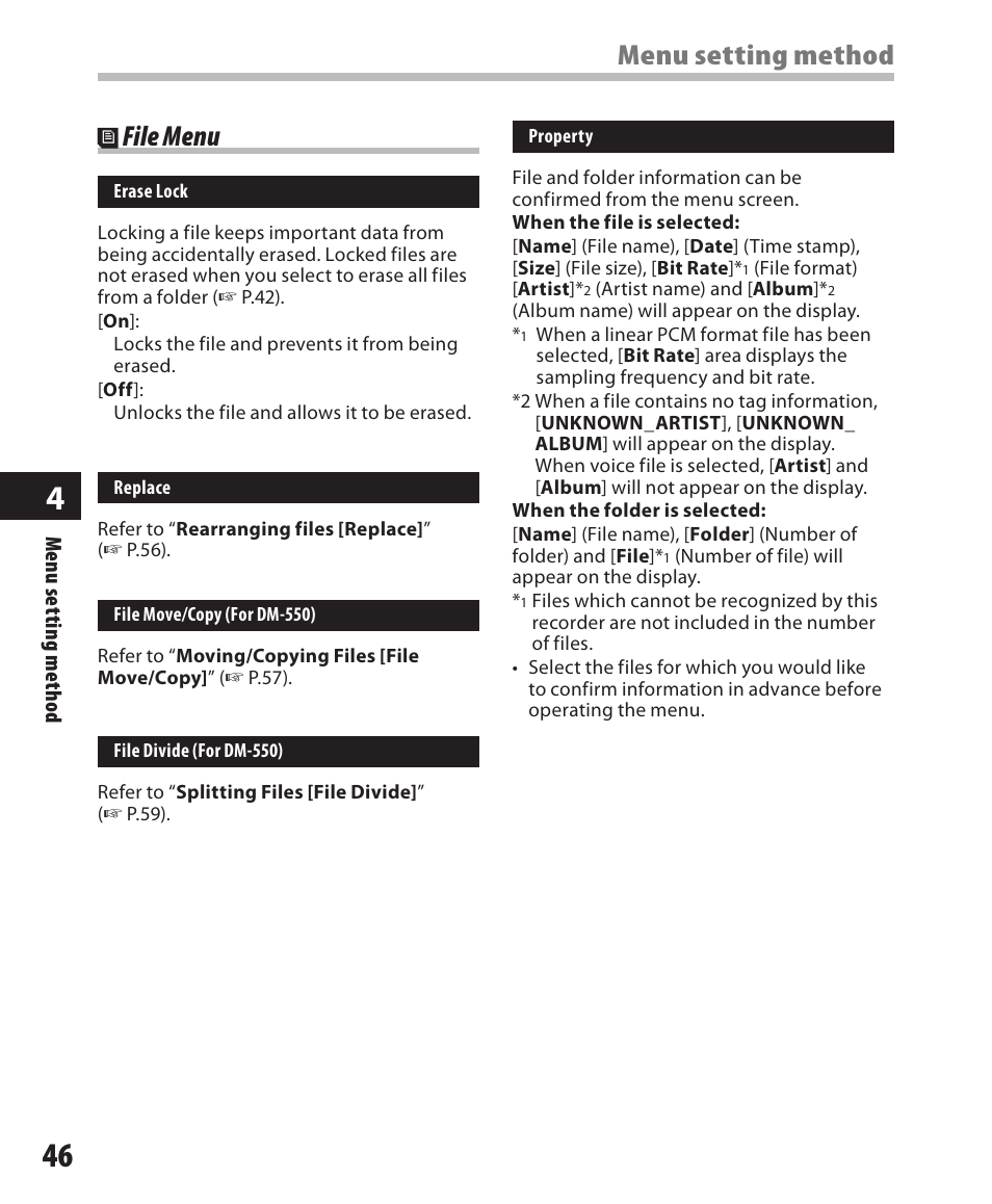 File menu, Menu setting method | Olympus DM-550 User Manual | Page 46 / 128