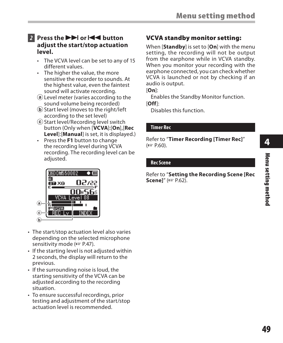 Menu setting method | Olympus DM-550 User Manual | Page 49 / 128