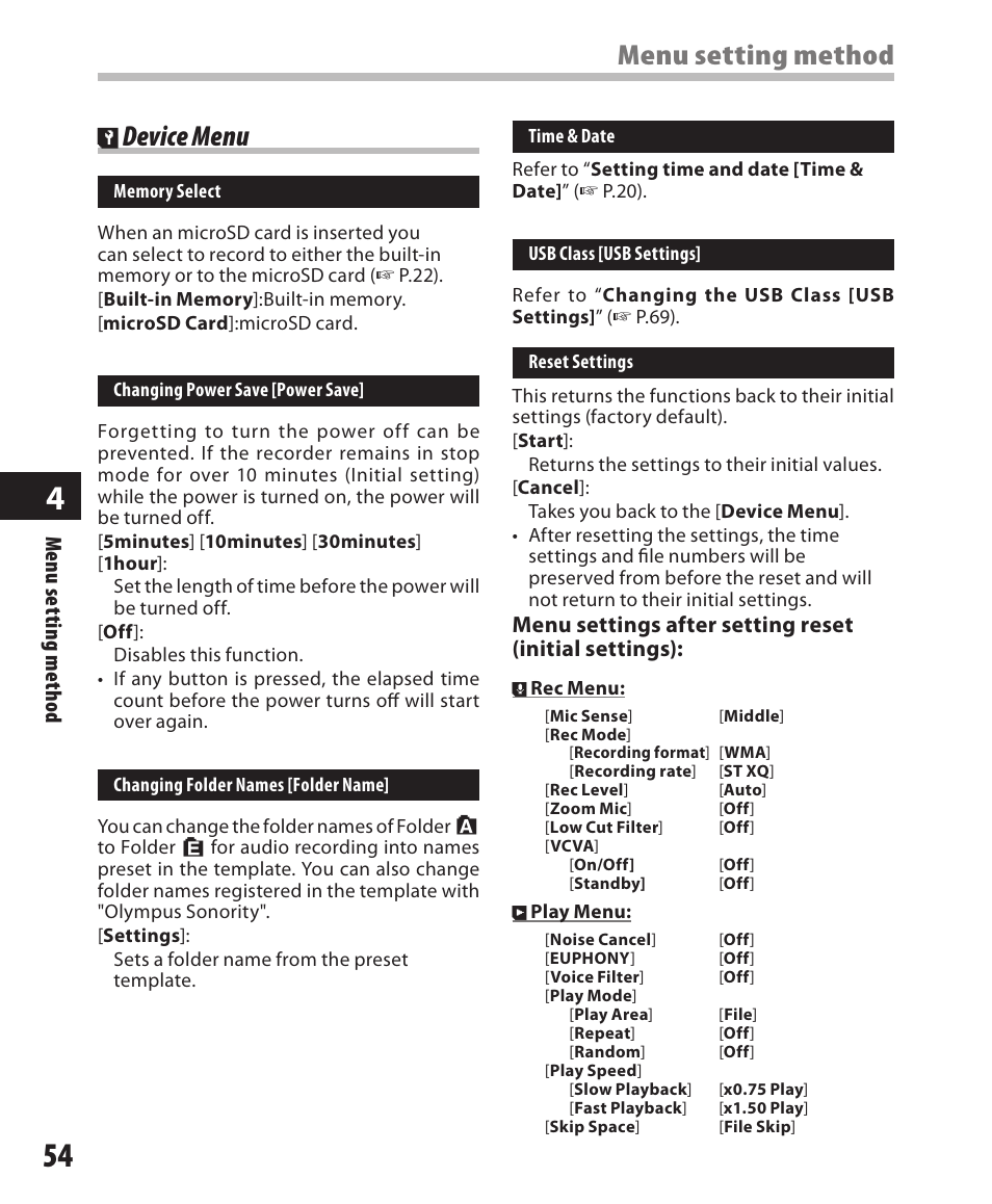 Device menu, Menu setting method, Men u s et tin g m et ho d | Olympus DM-550 User Manual | Page 54 / 128