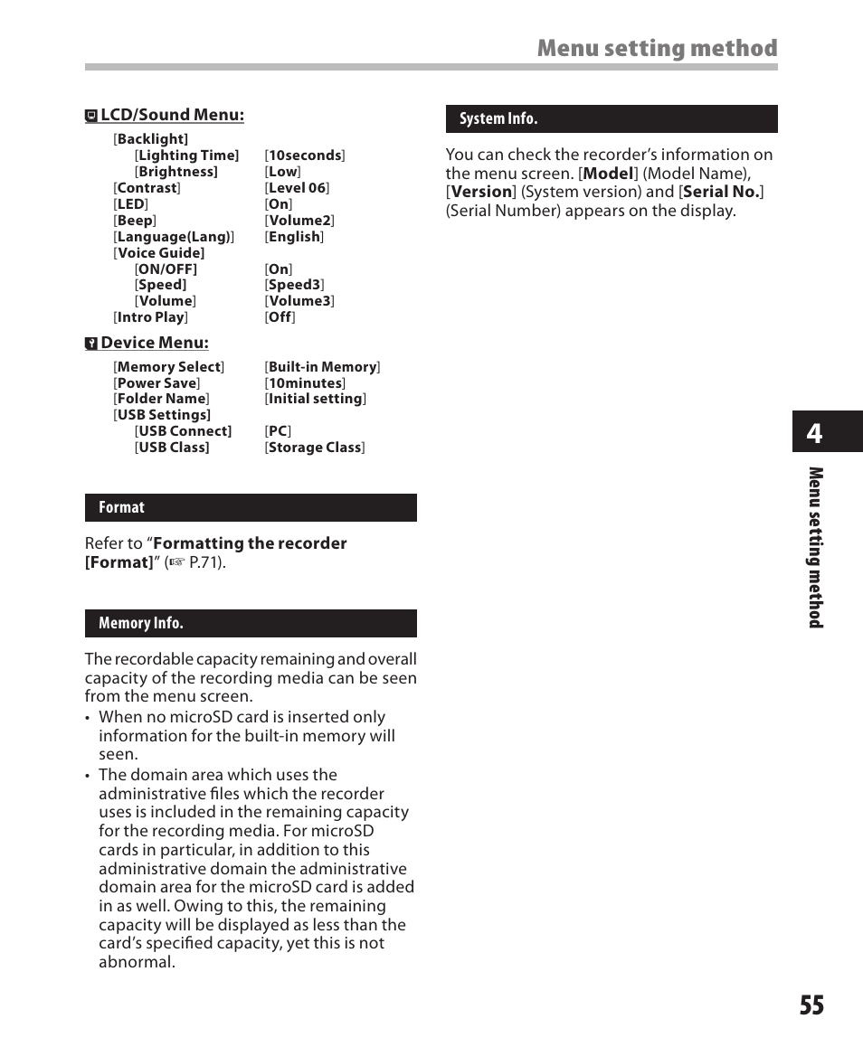 Menu setting method, Men u s et tin g m et ho d | Olympus DM-550 User Manual | Page 55 / 128