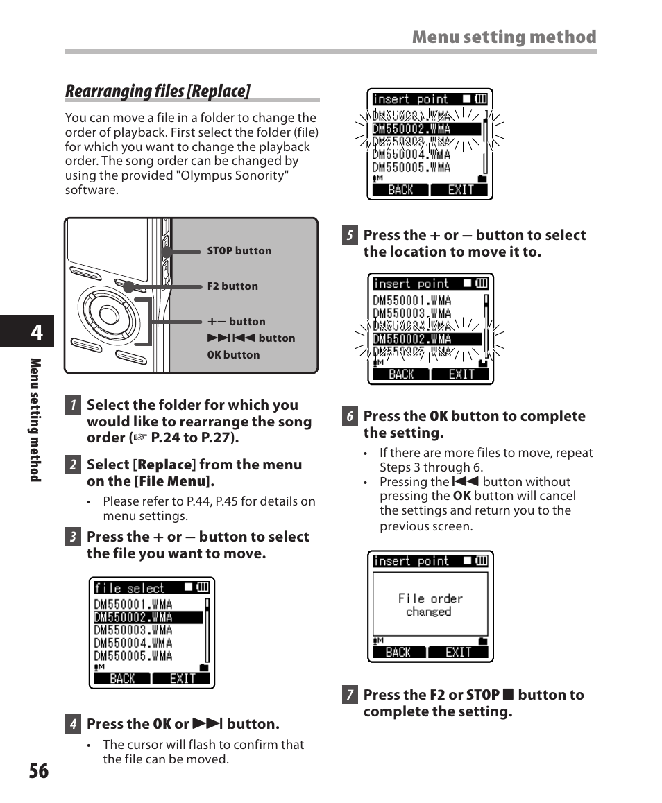 Rearranging files [replace, Menu setting method | Olympus DM-550 User Manual | Page 56 / 128