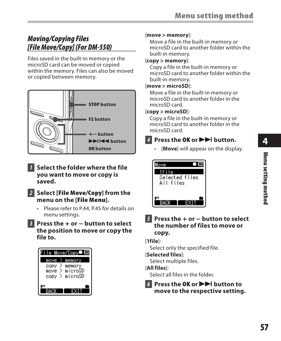 Moving/copying files [file move/copy, For dm-550), Moving/copying files [file move/copy] (for dm-550) | Menu setting method | Olympus DM-550 User Manual | Page 57 / 128