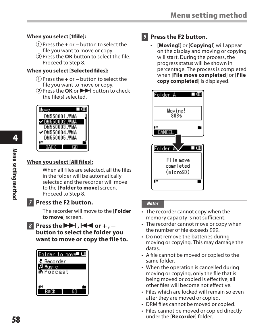 Menu setting method | Olympus DM-550 User Manual | Page 58 / 128