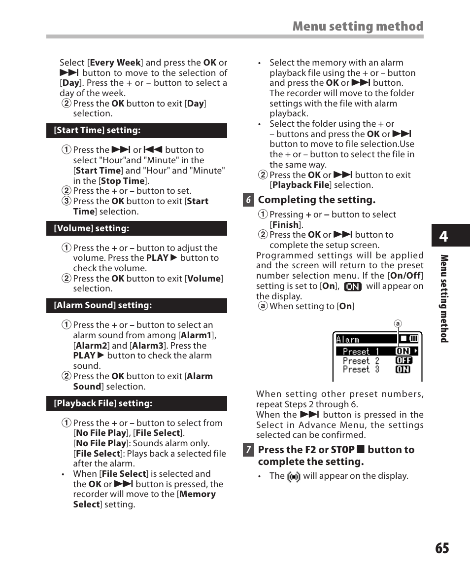 Menu setting method | Olympus DM-550 User Manual | Page 65 / 128