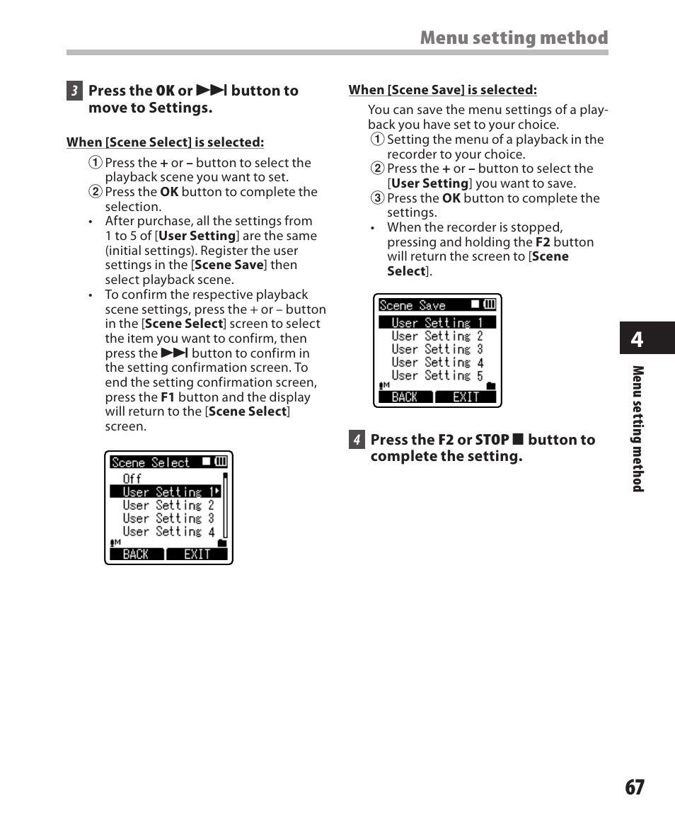 Menu setting method | Olympus DM-550 User Manual | Page 67 / 128