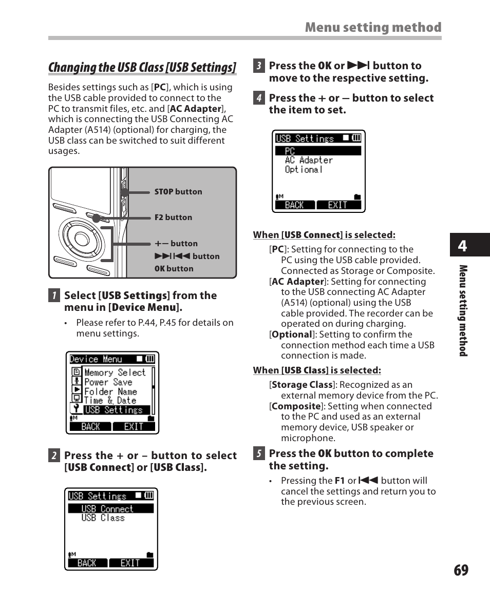 Changing the usb class [usb settings, Menu setting method | Olympus DM-550 User Manual | Page 69 / 128