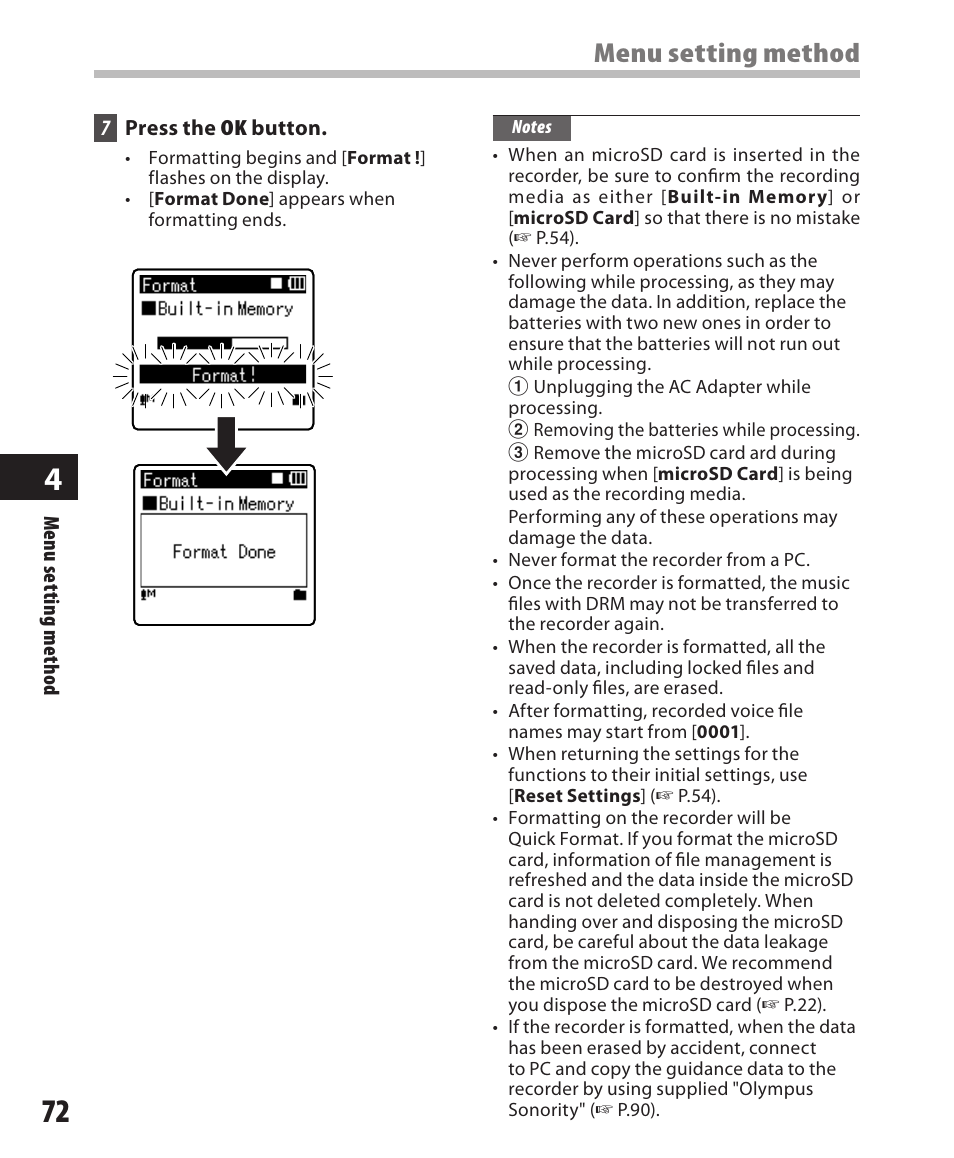 Menu setting method | Olympus DM-550 User Manual | Page 72 / 128