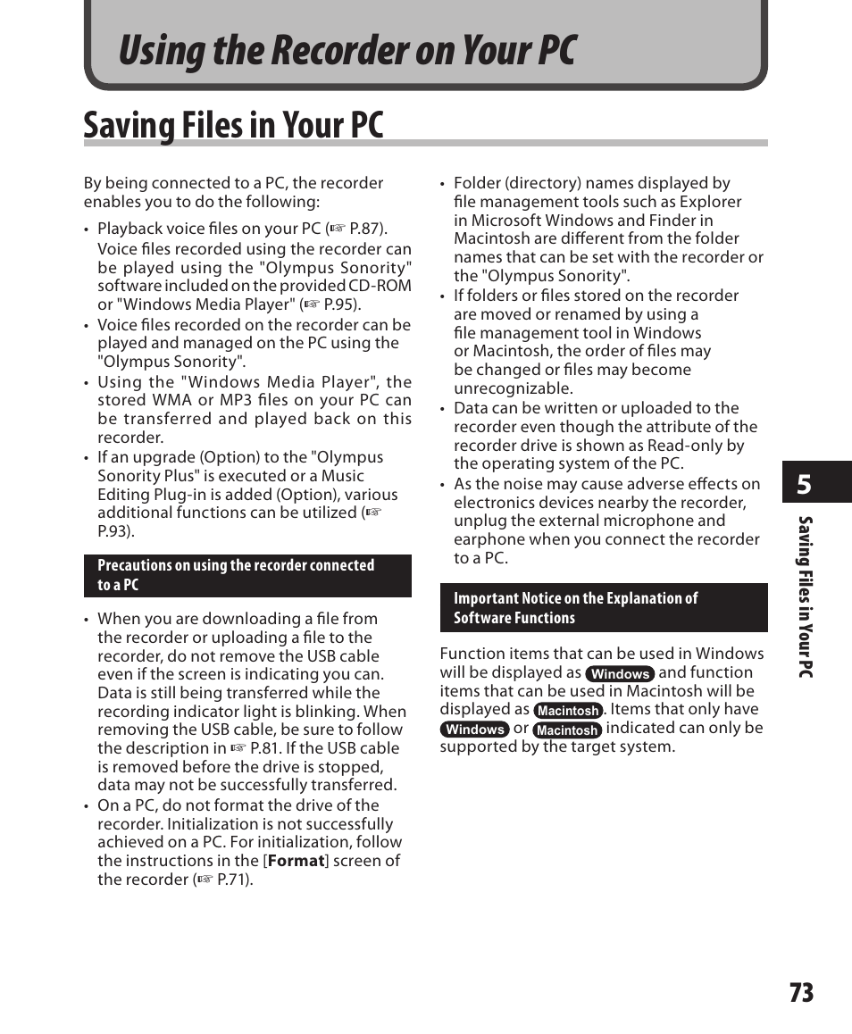 Using the recorder on your pc, Saving files in your pc | Olympus DM-550 User Manual | Page 73 / 128