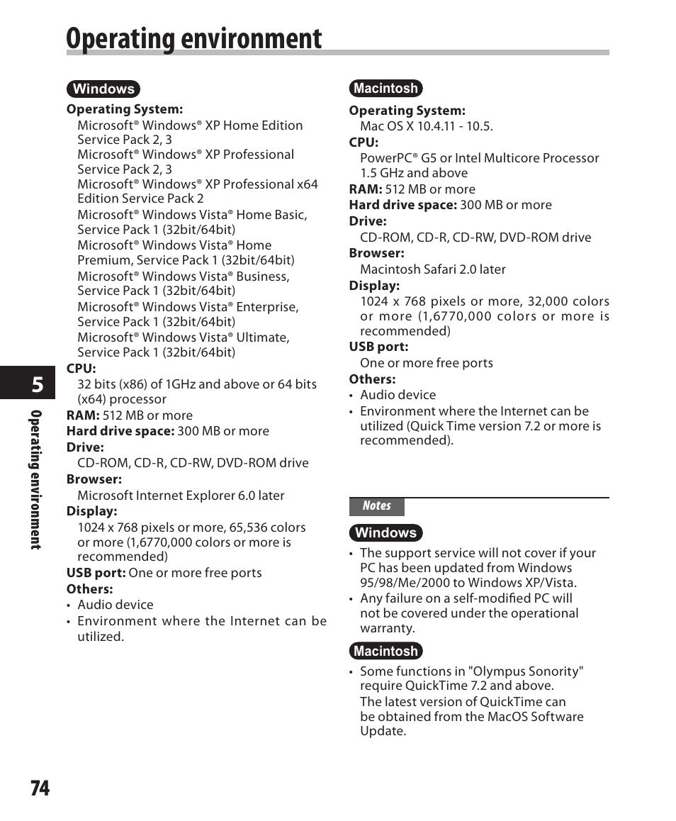 Operating environment | Olympus DM-550 User Manual | Page 74 / 128