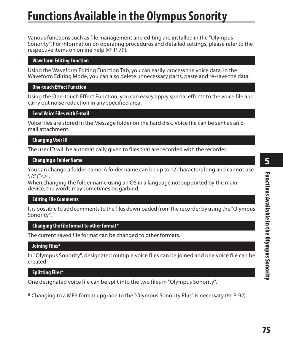 Functions available in, The olympus sonority, Functions available in the olympus sonority | Olympus DM-550 User Manual | Page 75 / 128