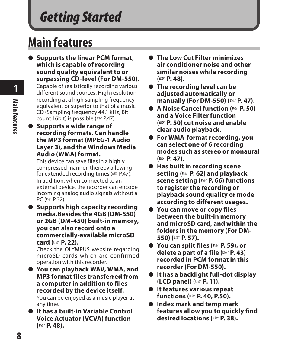 Getting started, Main features | Olympus DM-550 User Manual | Page 8 / 128
