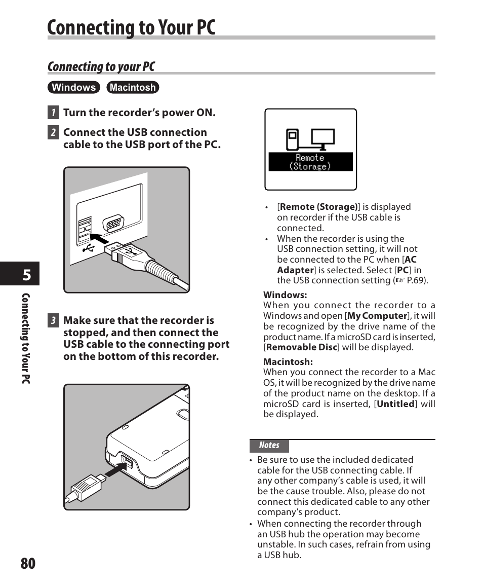 Connecting to your pc | Olympus DM-550 User Manual | Page 80 / 128
