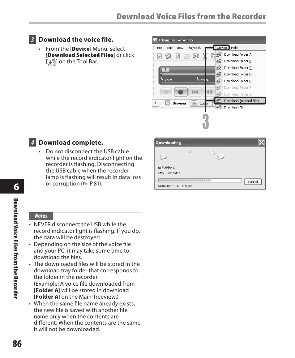 Download voice files from the recorder | Olympus DM-550 User Manual | Page 86 / 128
