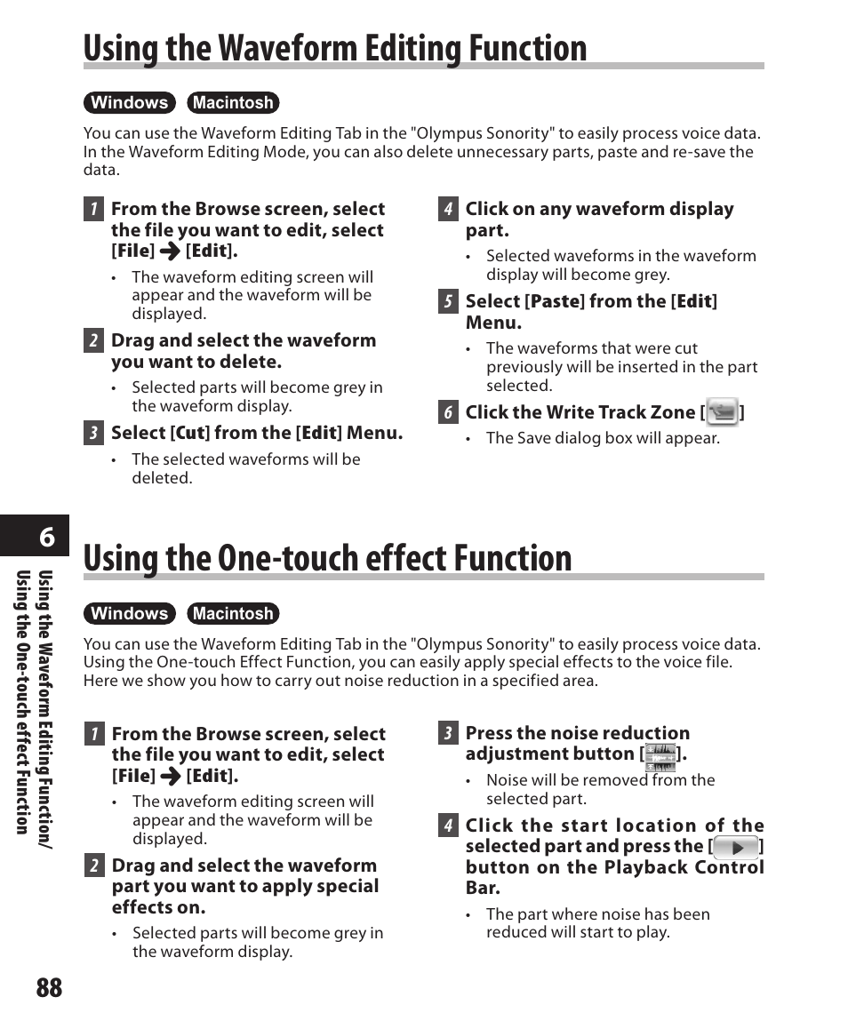 Using the waveform editing function, Using the one-touch effect function | Olympus DM-550 User Manual | Page 88 / 128