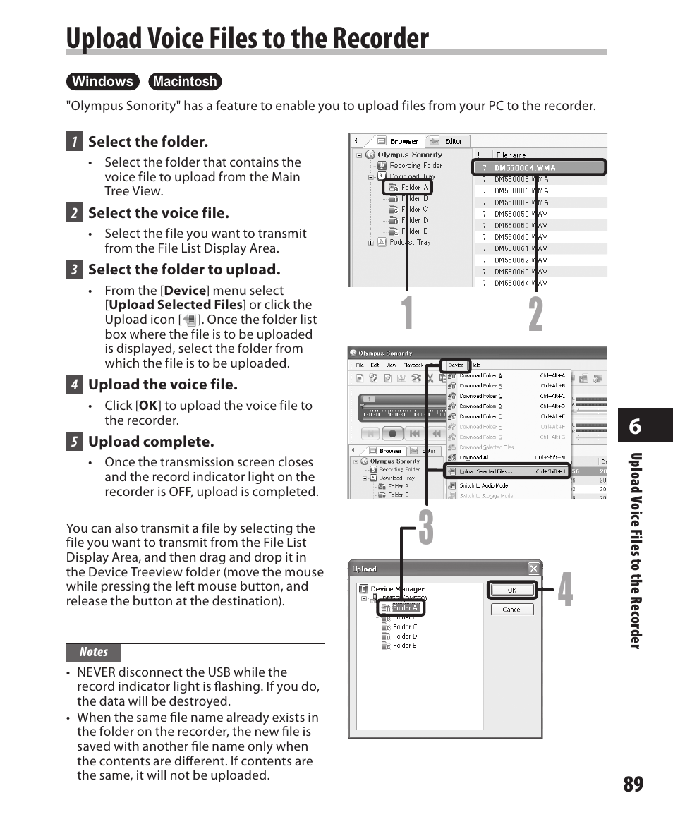Upload voice files to the recorder | Olympus DM-550 User Manual | Page 89 / 128