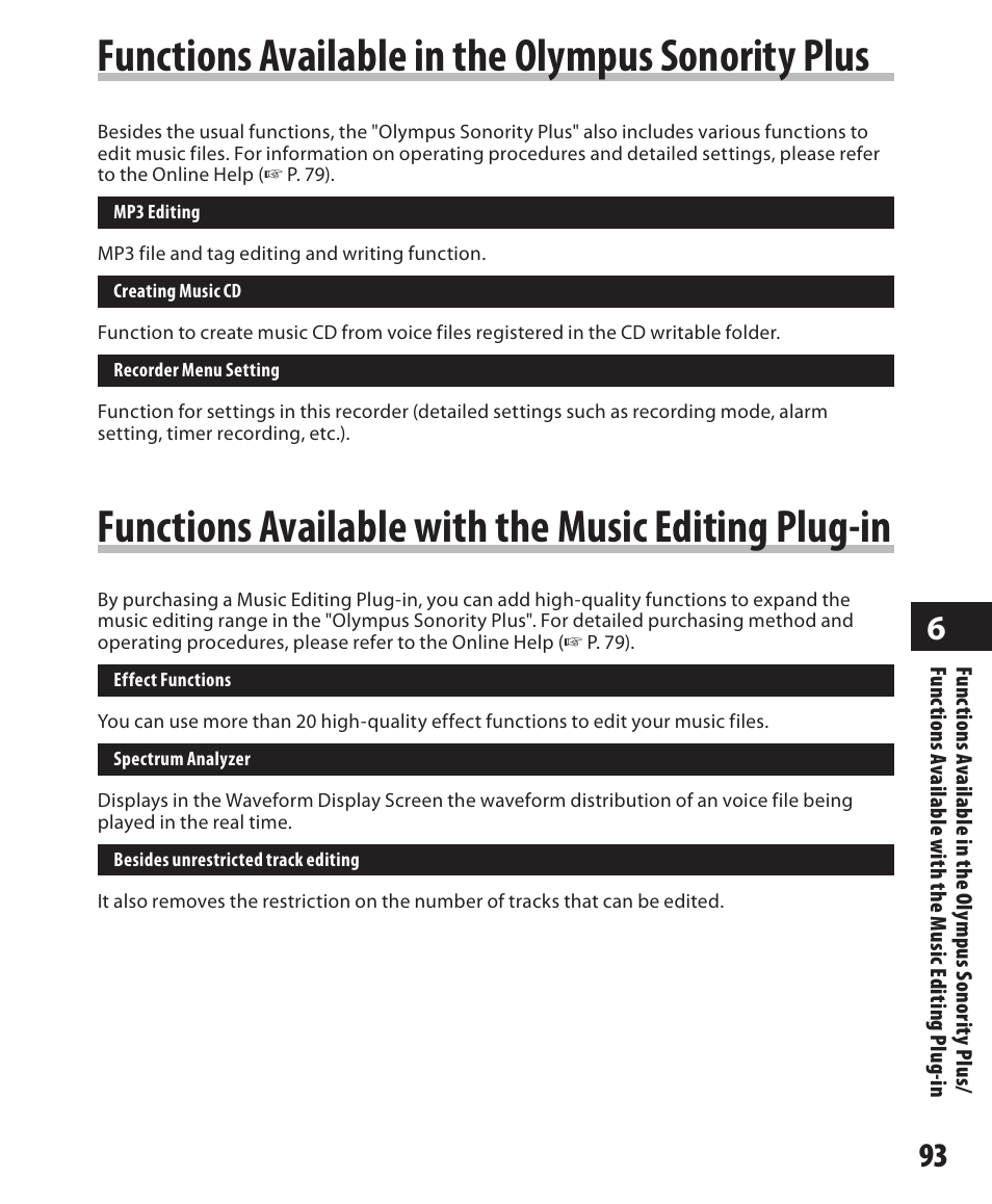 Functions available in, The olympus sonority plus, Functions available with the | Music editing plug-in, Functions available in the olympus sonority plus, Functions available with the music editing plug-in | Olympus DM-550 User Manual | Page 93 / 128