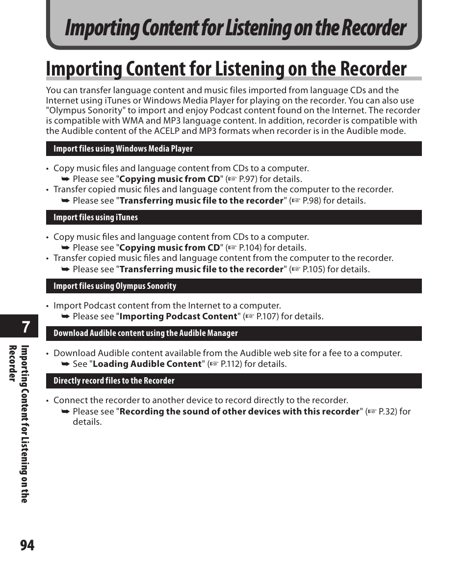 Importing content for listening, On the recorder, Importing content for | Listening on the recorder, Importing content for listening on the, Recorder, Importing content for listening on the recorder | Olympus DM-550 User Manual | Page 94 / 128