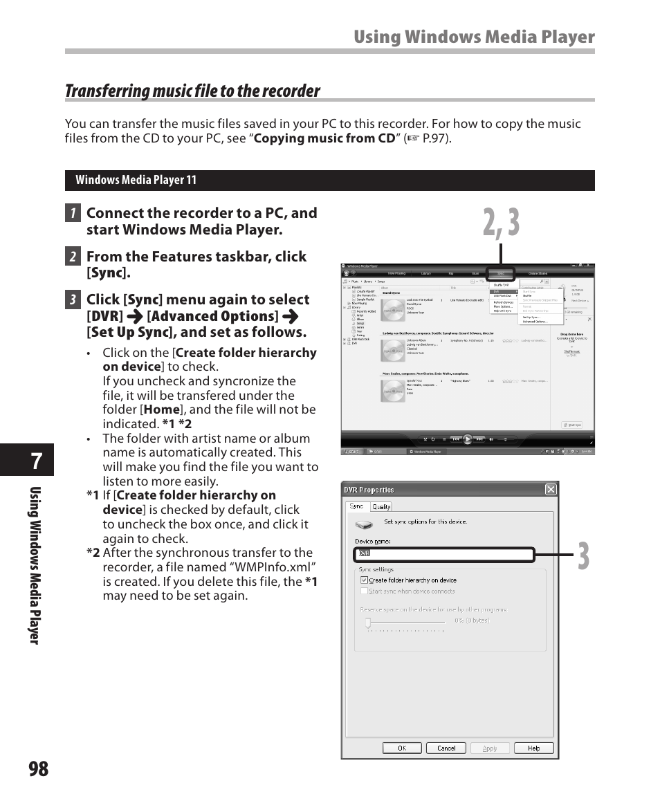 Transferring music file to the recorder, Using windows media player | Olympus DM-550 User Manual | Page 98 / 128