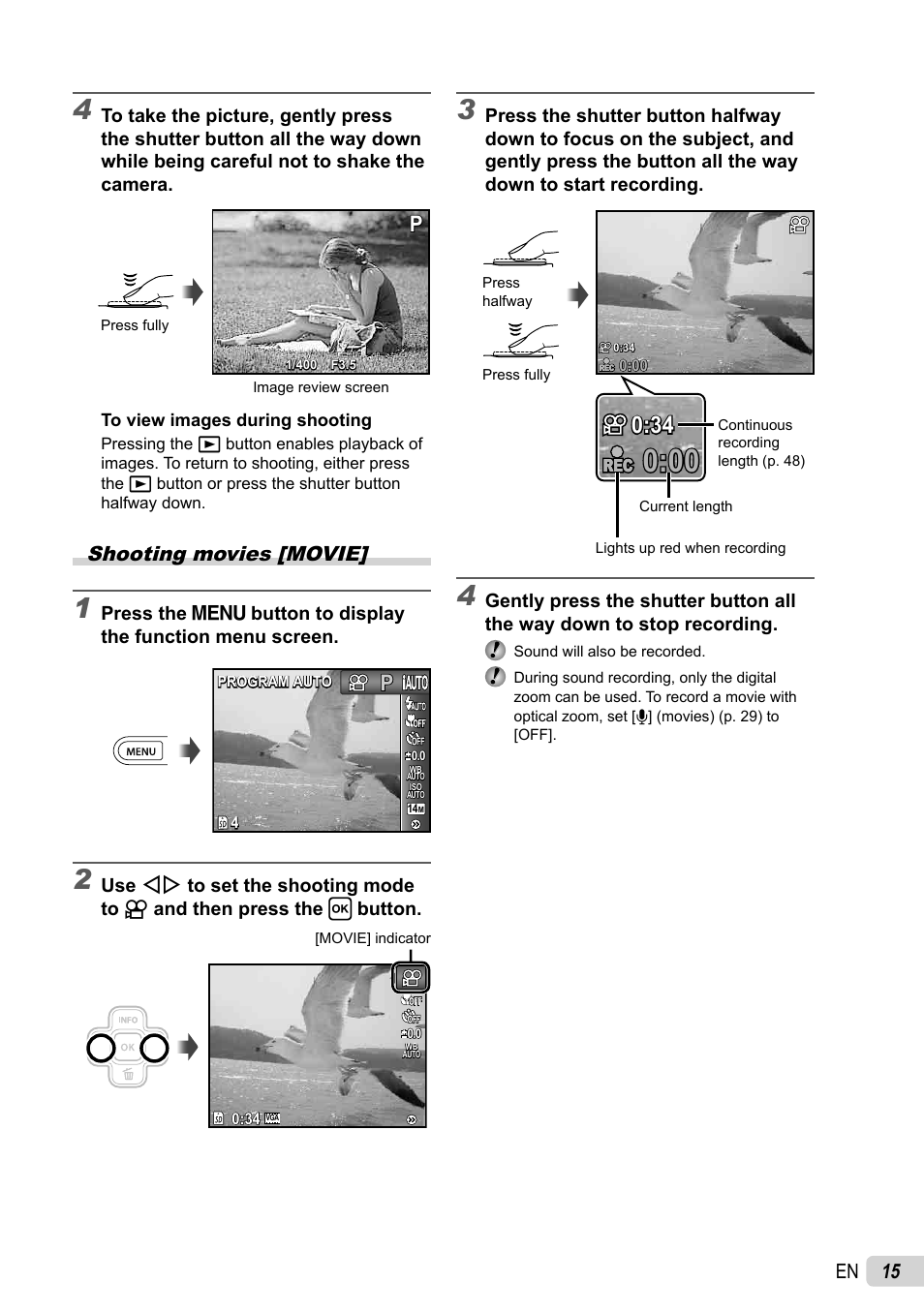 15 en, Shooting movies [movie | Olympus X-44 User Manual | Page 15 / 59