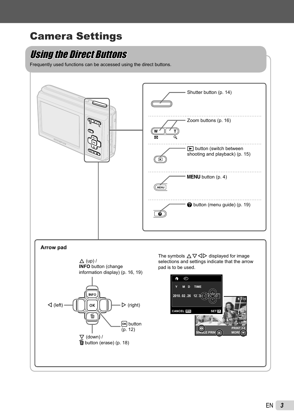 Arrow pad | Olympus X-44 User Manual | Page 3 / 59