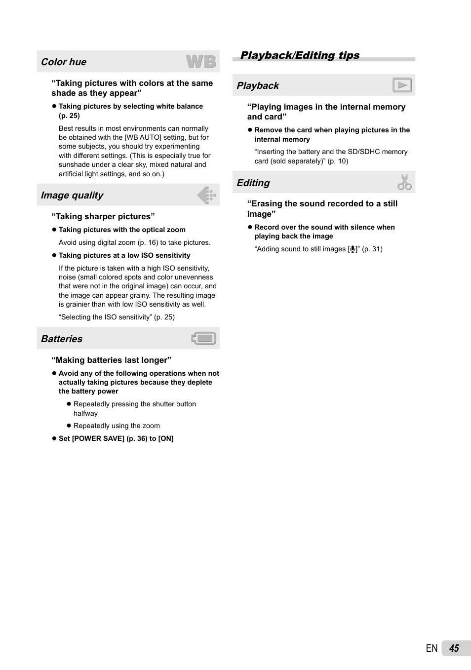 45 en, Playback/editing tips | Olympus X-44 User Manual | Page 45 / 59