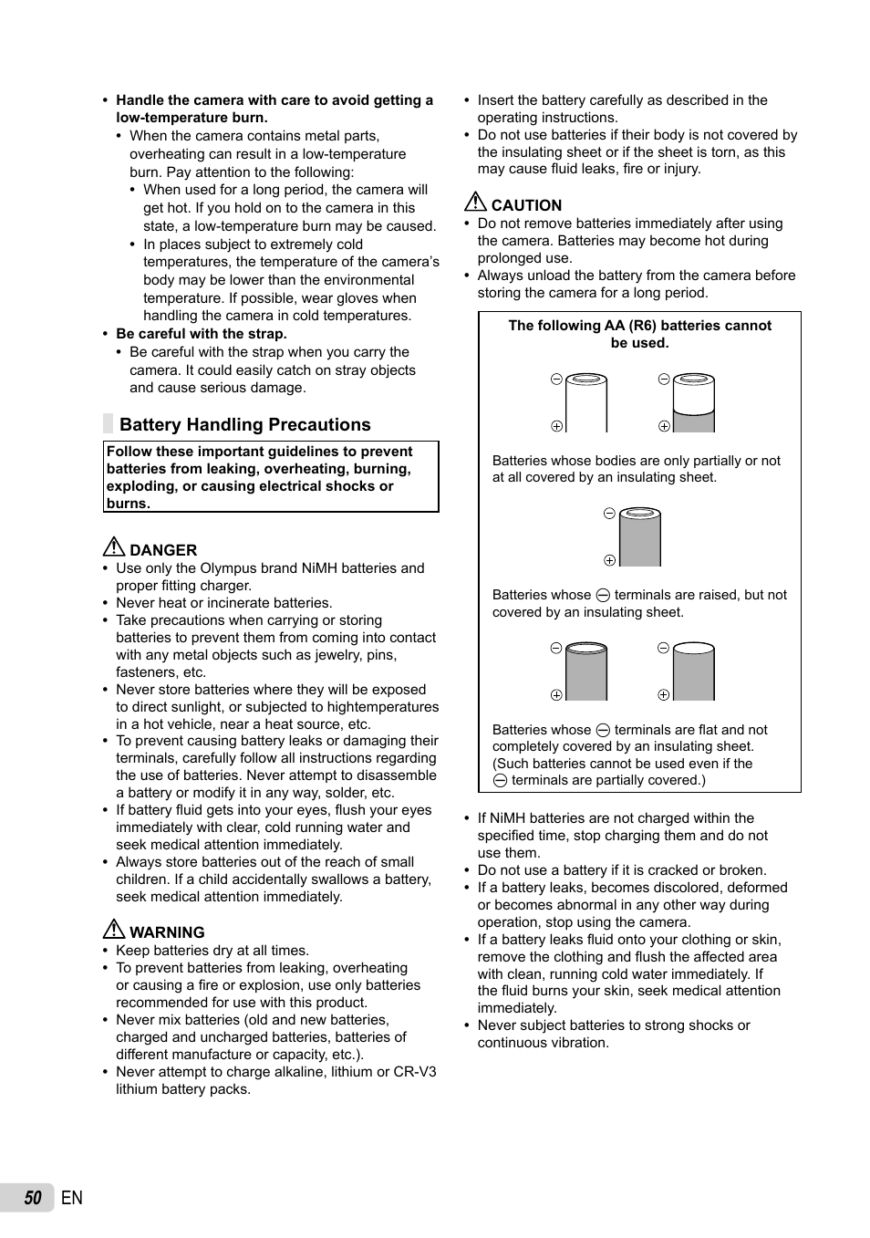50 en, Battery handling precautions | Olympus X-44 User Manual | Page 50 / 59