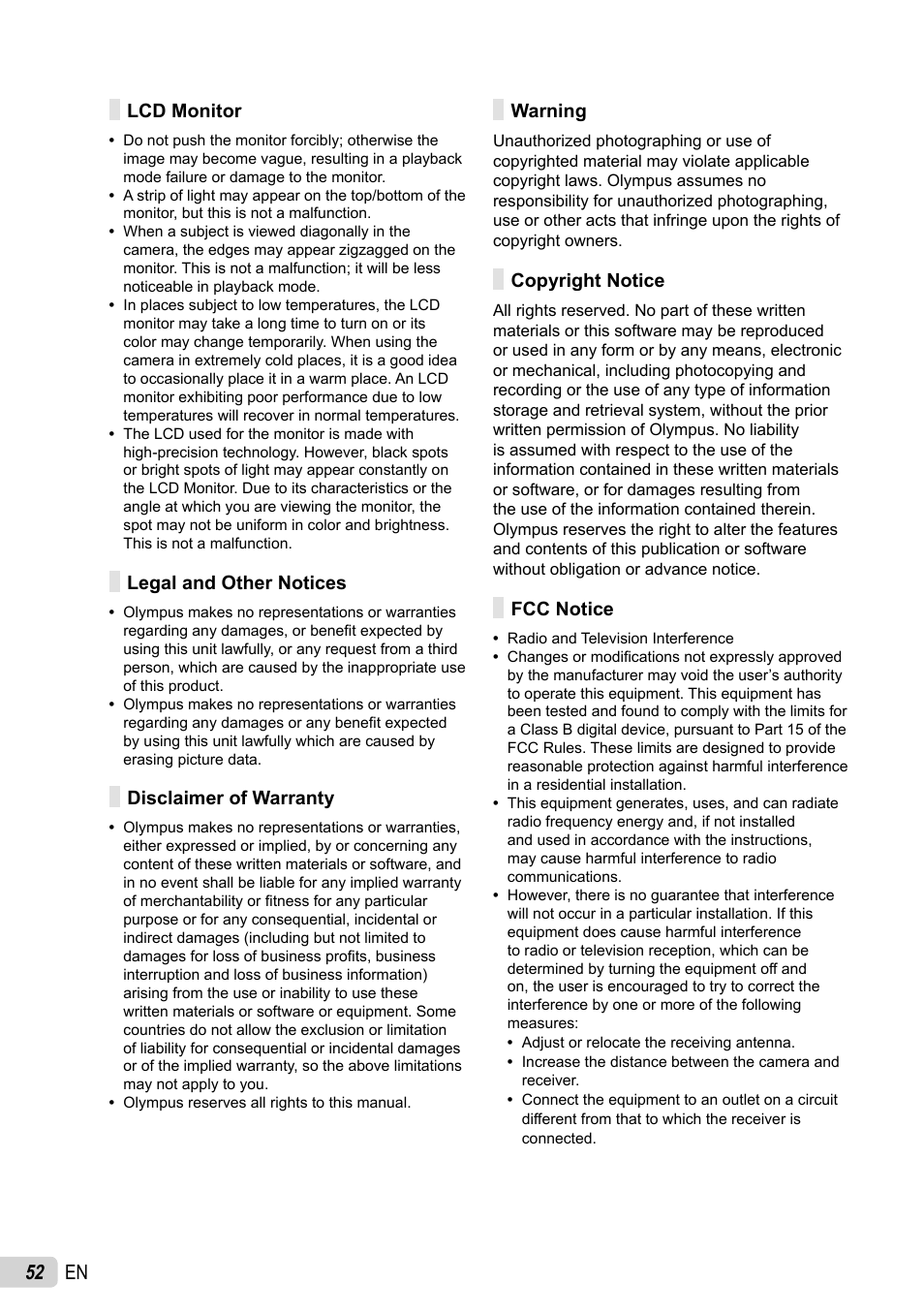 52 en | Olympus X-44 User Manual | Page 52 / 59