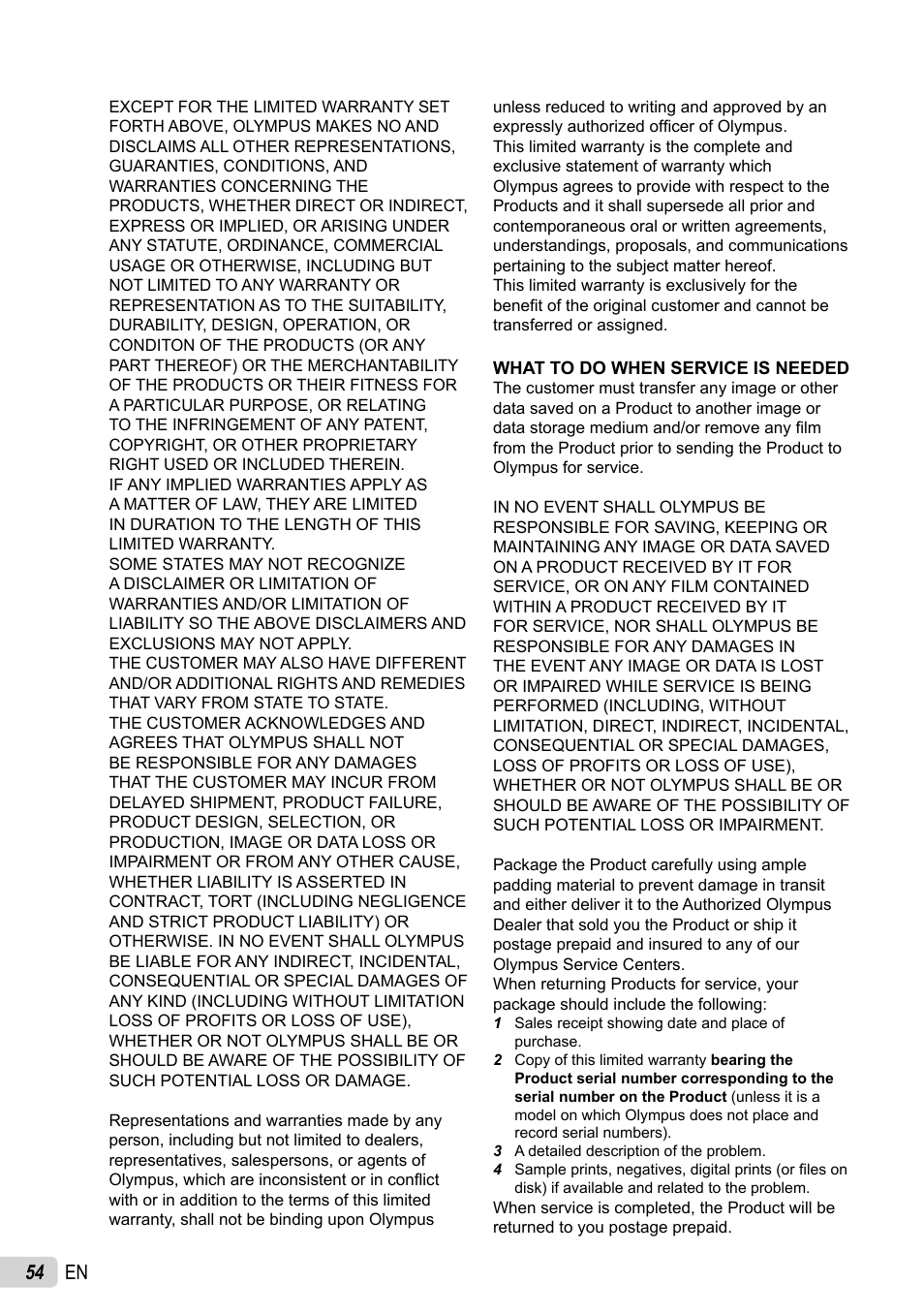 54 en | Olympus X-44 User Manual | Page 54 / 59