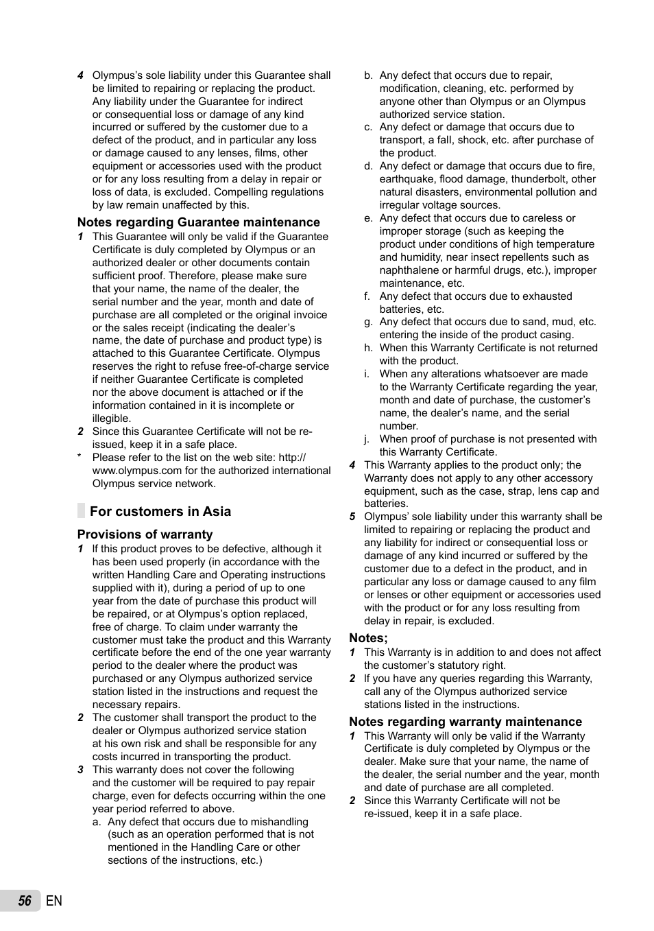 56 en, For customers in asia | Olympus X-44 User Manual | Page 56 / 59