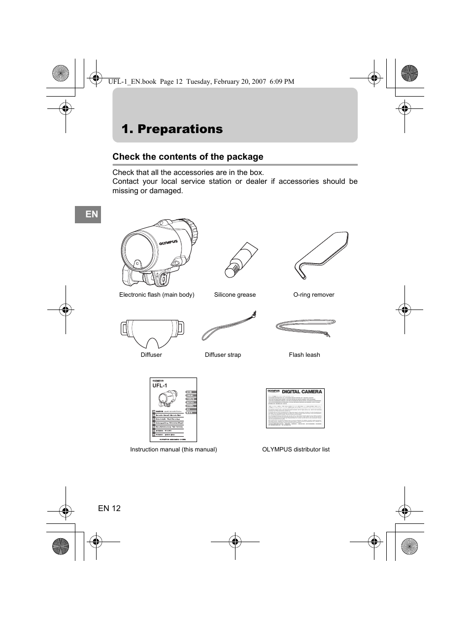 Preparations, Check the contents of the package | Olympus UFL-1 User Manual | Page 12 / 31