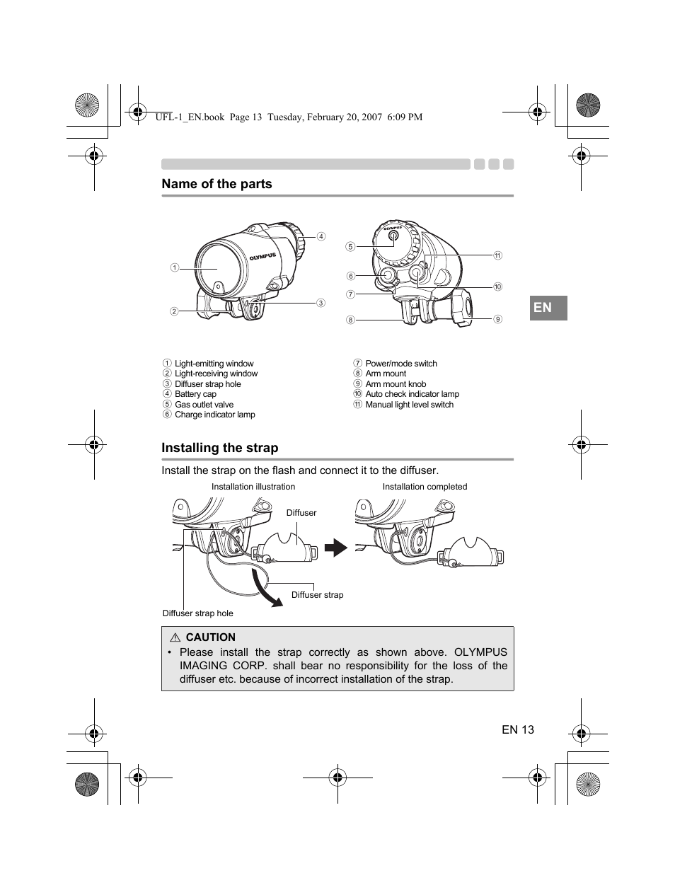 En name of the parts installing the strap | Olympus UFL-1 User Manual | Page 13 / 31