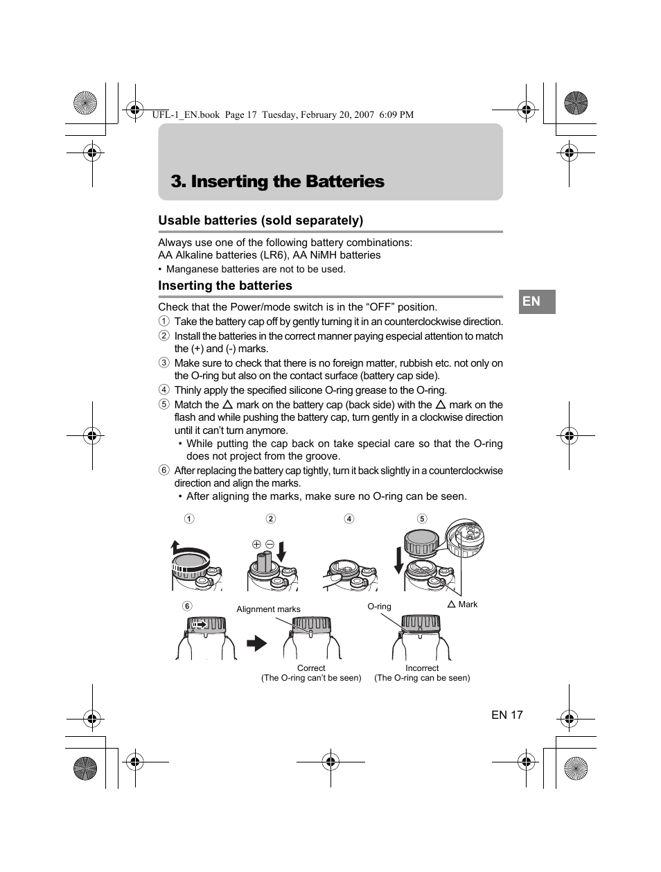 Inserting the batteries | Olympus UFL-1 User Manual | Page 17 / 31