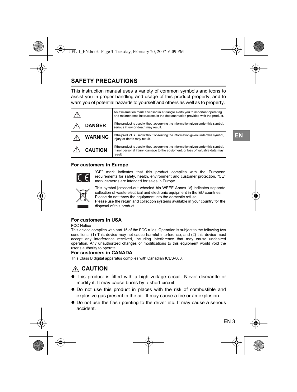 En safety precautions, Caution | Olympus UFL-1 User Manual | Page 3 / 31