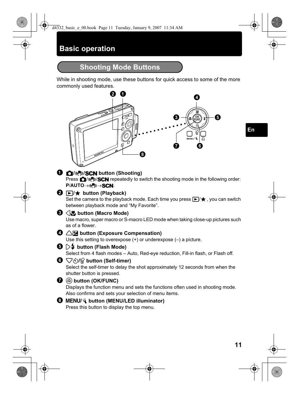 Basic operation, Shooting mode buttons | Olympus µ 770 SW User Manual | Page 11 / 30
