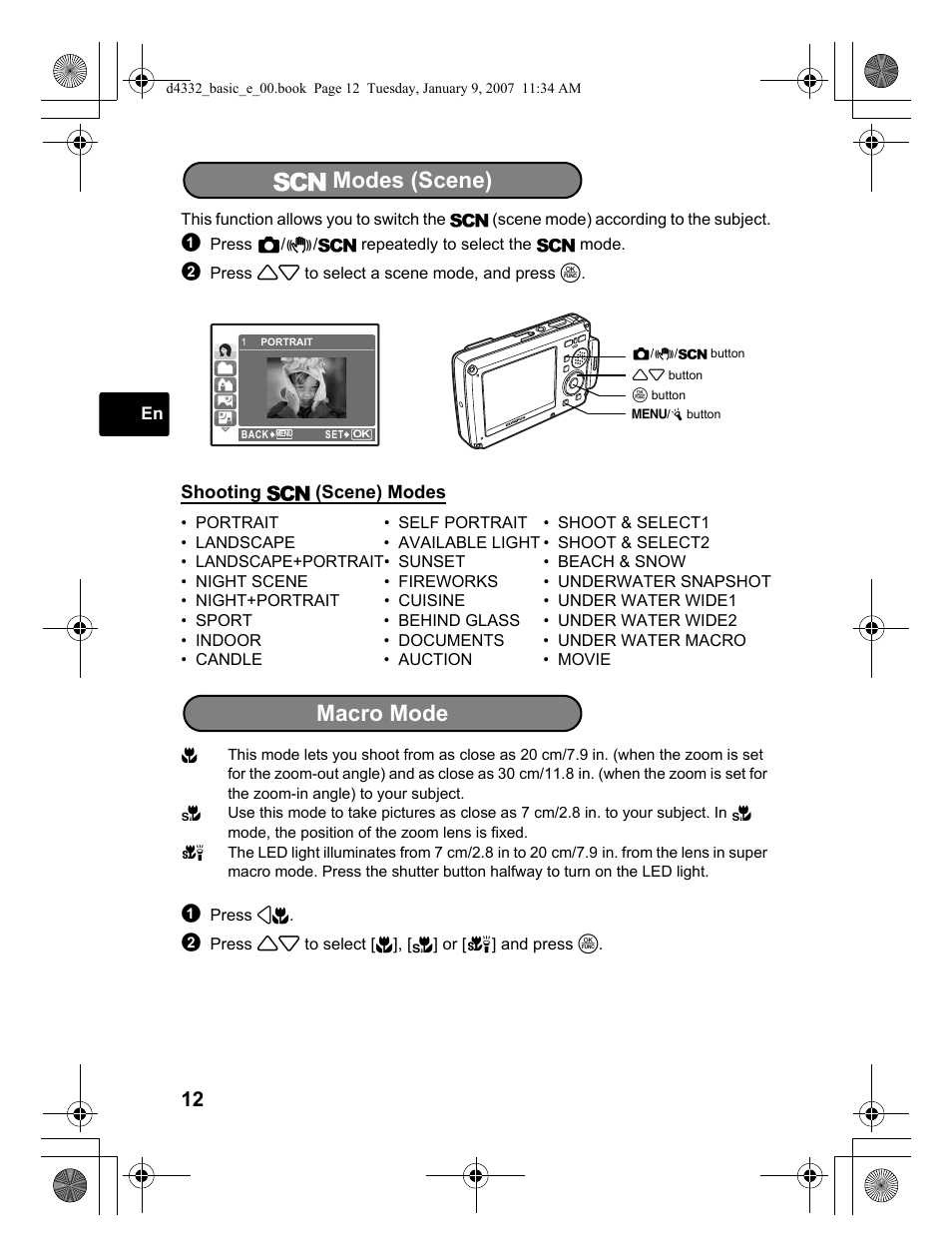 S modes (scene), Macro mode | Olympus µ 770 SW User Manual | Page 12 / 30