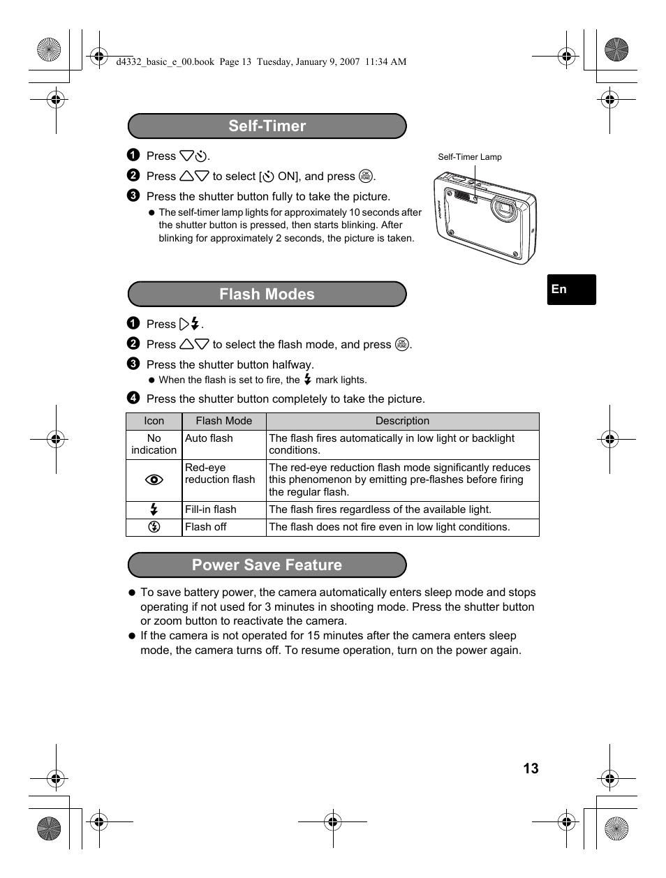 Self-timer, Flash modes power save feature | Olympus µ 770 SW User Manual | Page 13 / 30
