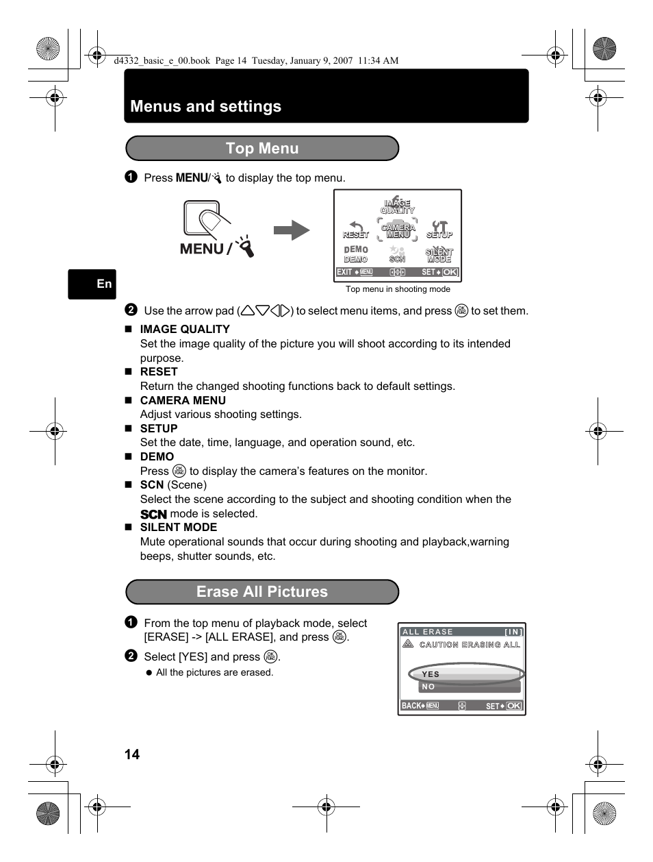 Menus and settings, Top menu, Erase all pictures | Olympus µ 770 SW User Manual | Page 14 / 30