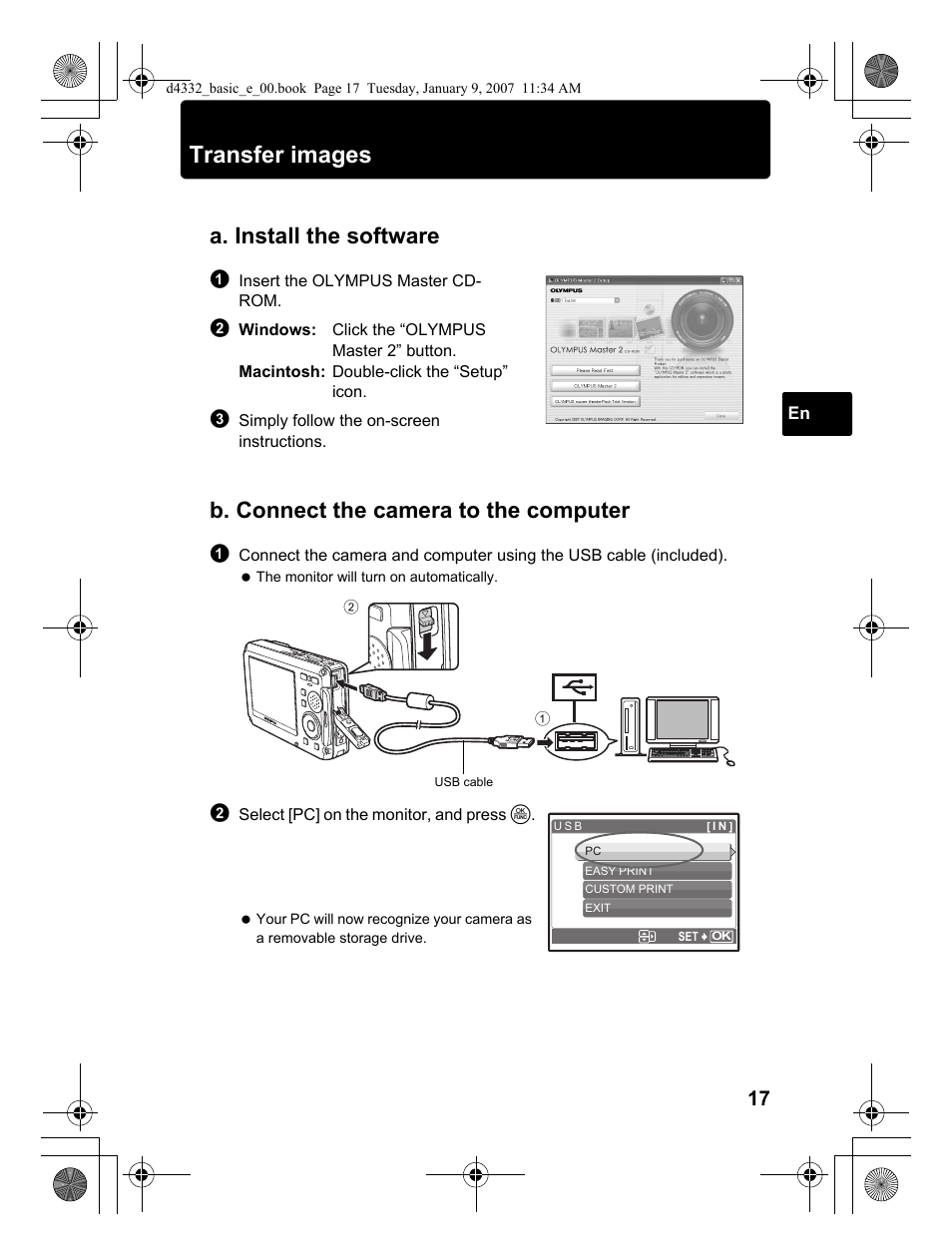 Transfer images, A. install the software, B. connect the camera to the computer | Olympus µ 770 SW User Manual | Page 17 / 30