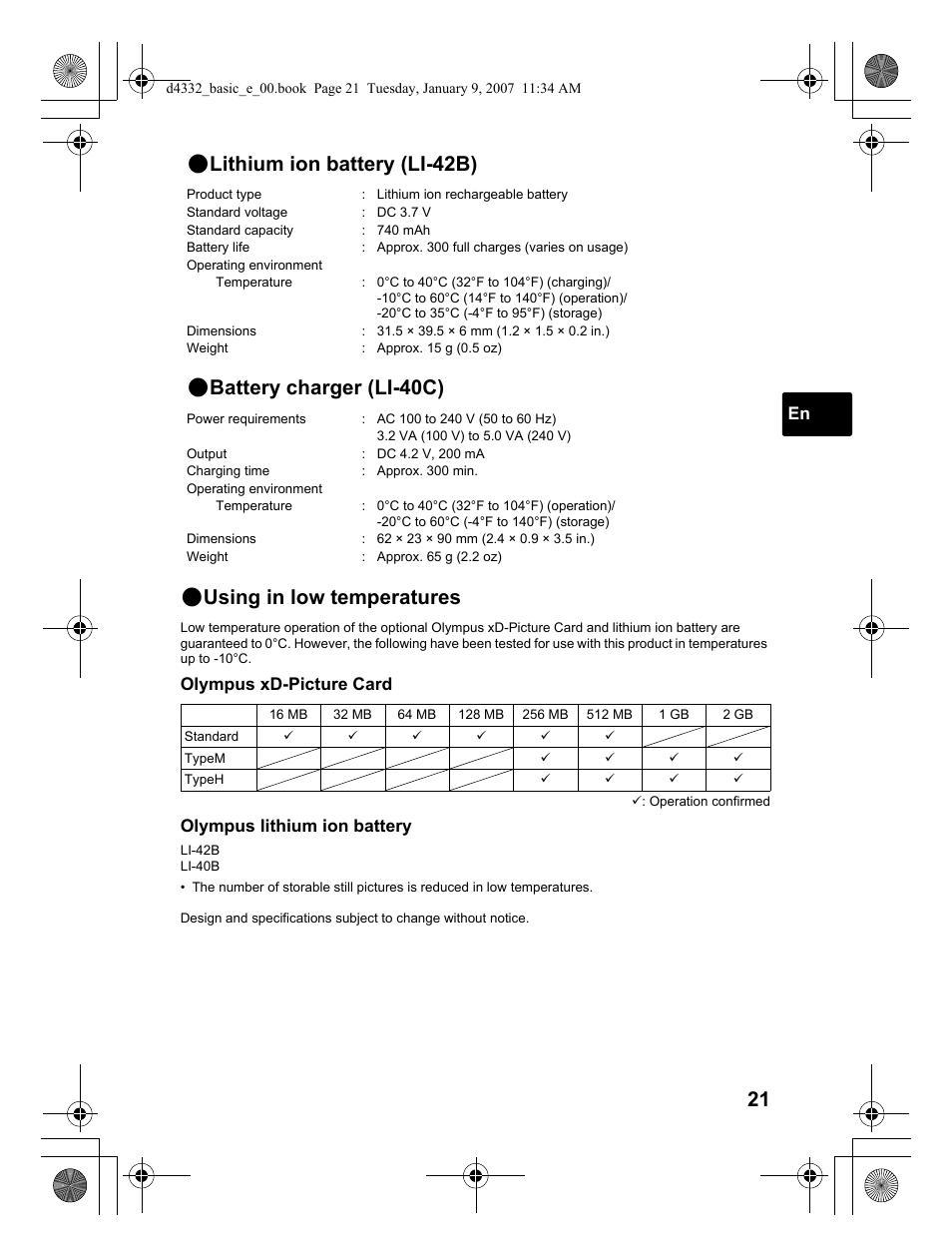 Using in low temperatures, Lithium ion battery (li-42b), Battery charger (li-40c) | Olympus µ 770 SW User Manual | Page 21 / 30