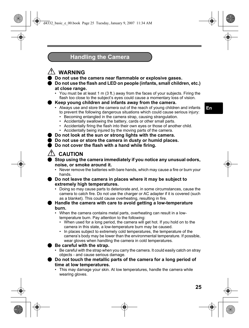 Handling the camera, Warning, Caution | Olympus µ 770 SW User Manual | Page 25 / 30